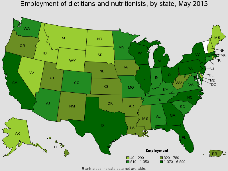 BLS employment of dietitians and nutritionists by state 2015